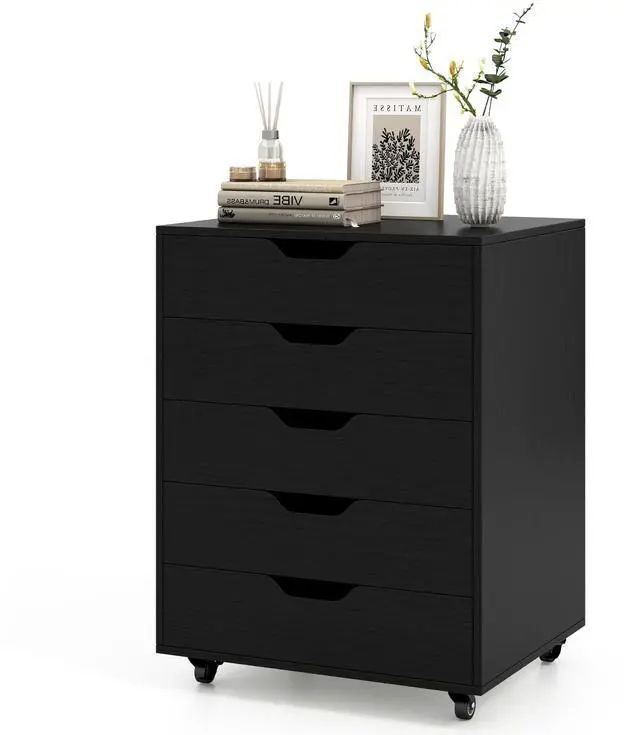 Main image of Byroce 5-Drawer Storage Cabinet with Wheels, Mobile Office Cabinet, Black | Keep files, office supplies and daily essentials organized in five spacious drawers with smooth-rolling lockable wheels