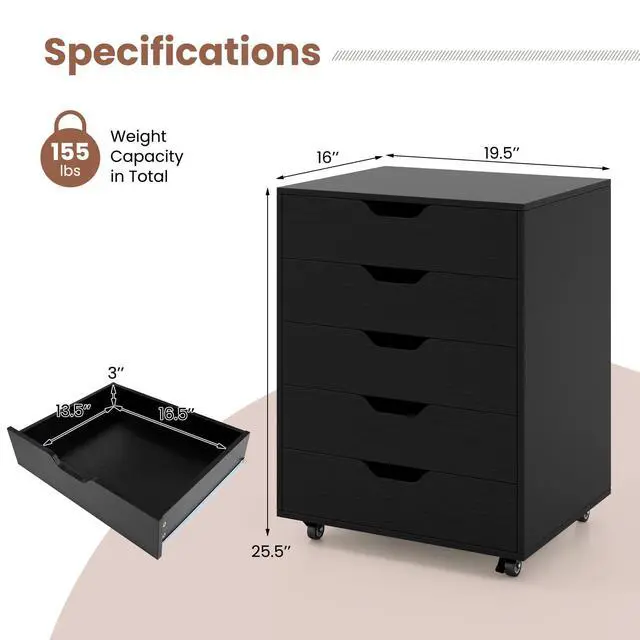 Alt view image 3 of 7 - Byroce 5-Drawer Storage Cabinet with Wheels, Mobile Office Cabinet, Black | Keep files, office supplies and daily essentials organized in five spacious drawers with smooth-rolling lockable wheels