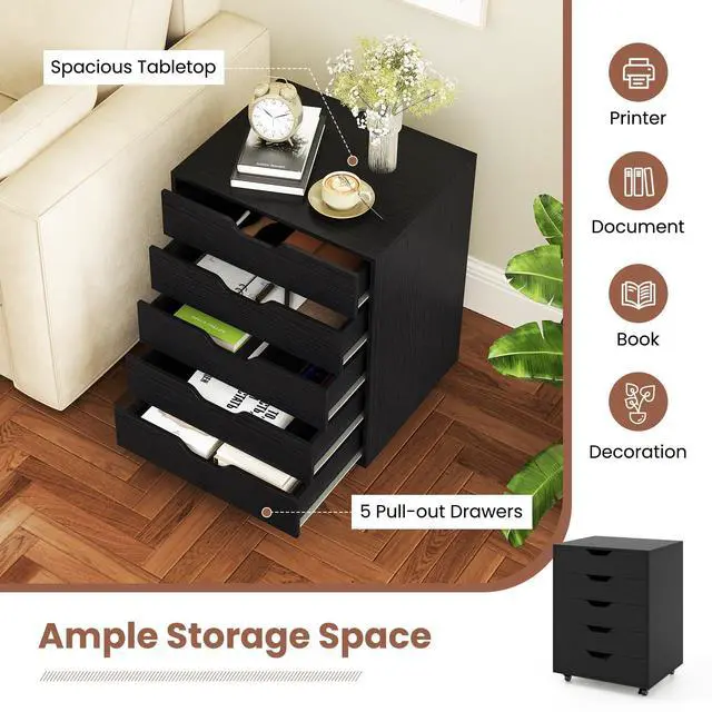 Alt view image 5 of 7 - Byroce 5-Drawer Storage Cabinet with Wheels, Mobile Office Cabinet, Black | Keep files, office supplies and daily essentials organized in five spacious drawers with smooth-rolling lockable wheels