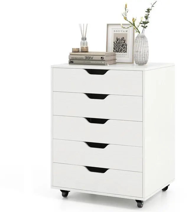 Main image of Byroce 5-Drawer Storage Cabinet with Wheels, Mobile Office Cabinet, White | Keep files, office supplies and daily essentials organized in five spacious drawers with smooth-rolling lockable wheels