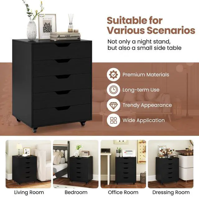 Alt view image 7 of 7 - Byroce 5-Drawer Storage Cabinet with Wheels, Mobile Office Cabinet, Black | Keep files, office supplies and daily essentials organized in five spacious drawers with smooth-rolling lockable wheels