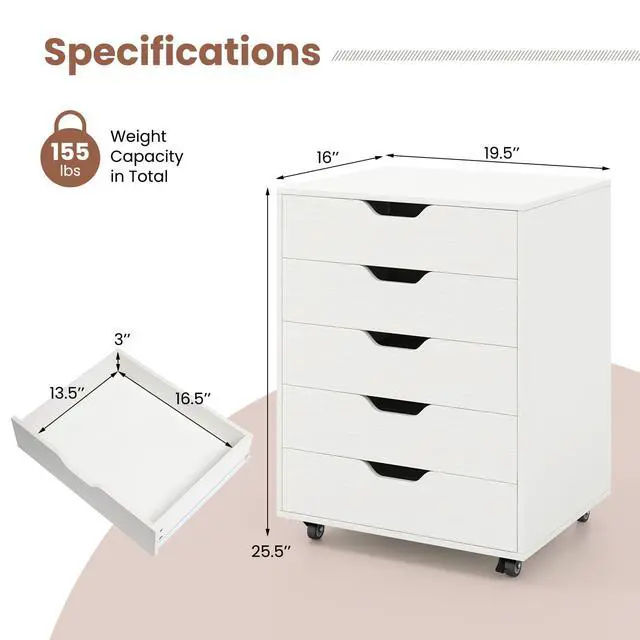 Alt view image 3 of 7 - Byroce 5-Drawer Storage Cabinet with Wheels, Mobile Office Cabinet, White | Keep files, office supplies and daily essentials organized in five spacious drawers with smooth-rolling lockable wheels