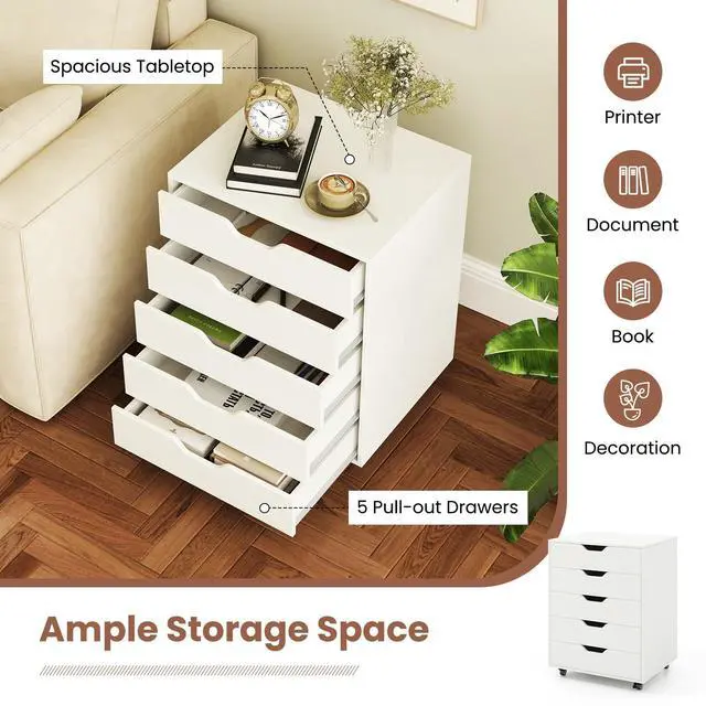 Alt view image 5 of 7 - Byroce 5-Drawer Storage Cabinet with Wheels, Mobile Office Cabinet, White | Keep files, office supplies and daily essentials organized in five spacious drawers with smooth-rolling lockable wheels