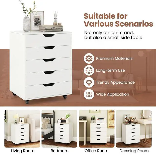 Alt view image 7 of 7 - Byroce 5-Drawer Storage Cabinet with Wheels, Mobile Office Cabinet, White | Keep files, office supplies and daily essentials organized in five spacious drawers with smooth-rolling lockable wheels