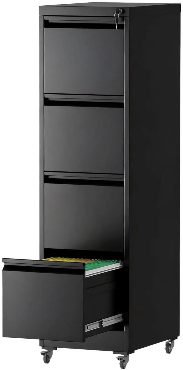 Main image of 4 Drawer File Cabinet with Lock, Vertical Metal Filing Cabinet Black | 54.3"H x 15"W x 18"D Rolling Office Storage Cabinet with Wheels, Fit Letter, Legal, A4 and F4, Assembly Required