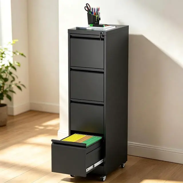Alt view image 2 of 6 - 4 Drawer File Cabinet with Lock, Vertical Metal Filing Cabinet Black | 54.3"H x 15"W x 18"D Rolling Office Storage Cabinet with Wheels, Fit Letter, Legal, A4 and F4, Assembly Required