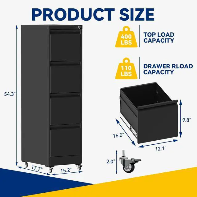 Alt view image 3 of 6 - 4 Drawer File Cabinet with Lock, Vertical Metal Filing Cabinet Black | 54.3"H x 15"W x 18"D Rolling Office Storage Cabinet with Wheels, Fit Letter, Legal, A4 and F4, Assembly Required