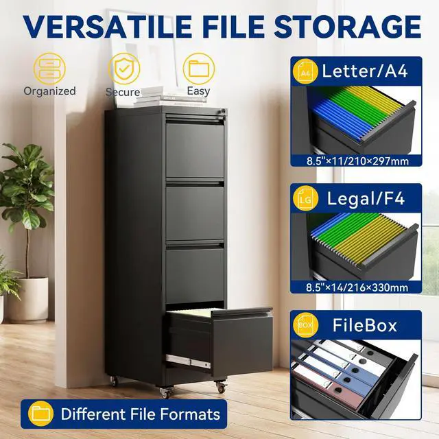Alt view image 4 of 6 - 4 Drawer File Cabinet with Lock, Vertical Metal Filing Cabinet Black | 54.3"H x 15"W x 18"D Rolling Office Storage Cabinet with Wheels, Fit Letter, Legal, A4 and F4, Assembly Required