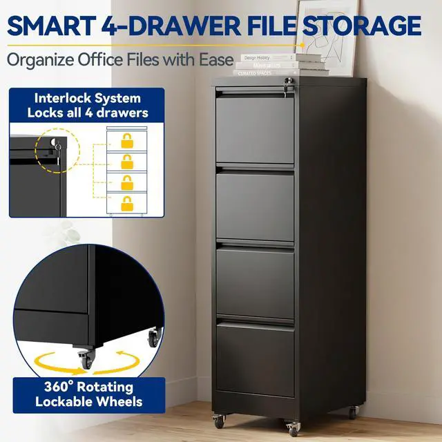 Alt view image 5 of 6 - 4 Drawer File Cabinet with Lock, Vertical Metal Filing Cabinet Black | 54.3"H x 15"W x 18"D Rolling Office Storage Cabinet with Wheels, Fit Letter, Legal, A4 and F4, Assembly Required