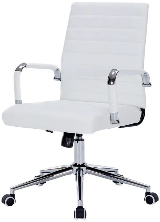 Main image of White Leather Ribbed Office Mid-Back Desk Conference Chair with Wheels | Ergonomic Mid-Back Executive Chairs with Wheels Adjustable Swivel Computer Task Desk Chair with Arms and Thick Padded Seat