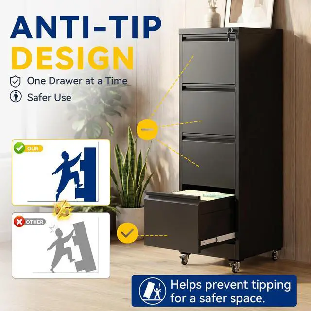 Alt view image 6 of 6 - 4 Drawer File Cabinet with Lock, Vertical Metal Filing Cabinet Black | 54.3"H x 15"W x 18"D Rolling Office Storage Cabinet with Wheels, Fit Letter, Legal, A4 and F4, Assembly Required