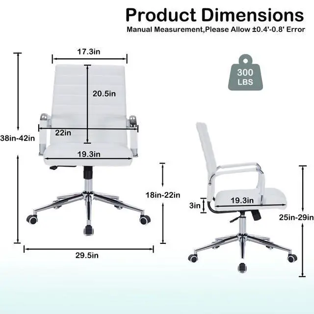 Alt view image 3 of 6 - White Leather Ribbed Office Mid-Back Desk Conference Chair with Wheels | Ergonomic Mid-Back Executive Chairs with Wheels Adjustable Swivel Computer Task Desk Chair with Arms and Thick Padded Seat