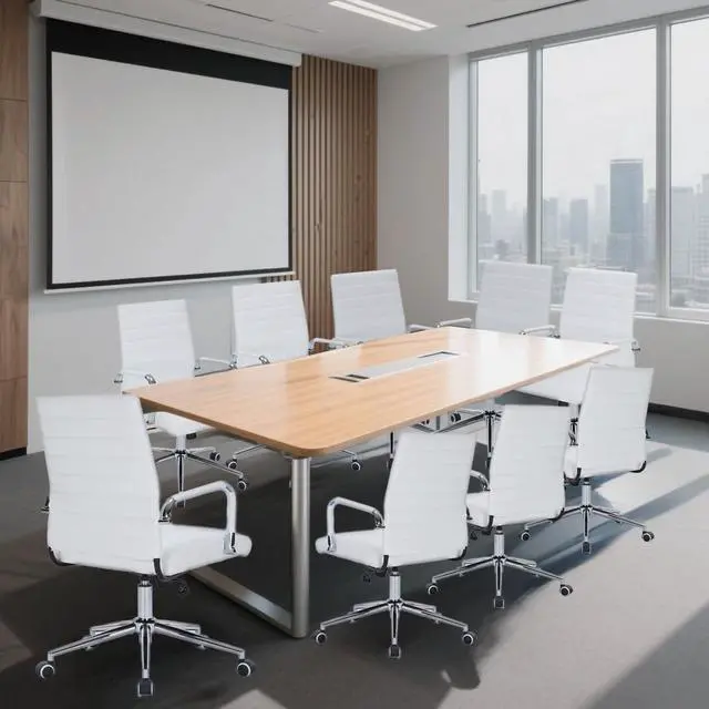 Alt view image 2 of 6 - White Leather Ribbed Office Mid-Back Desk Conference Chair with Wheels | Ergonomic Mid-Back Executive Chairs with Wheels Adjustable Swivel Computer Task Desk Chair with Arms and Thick Padded Seat