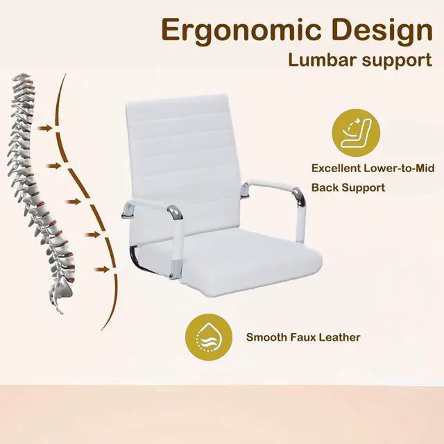 Alt view image 6 of 6 - White Leather Ribbed Office Mid-Back Desk Conference Chair with Wheels | Ergonomic Mid-Back Executive Chairs with Wheels Adjustable Swivel Computer Task Desk Chair with Arms and Thick Padded Seat