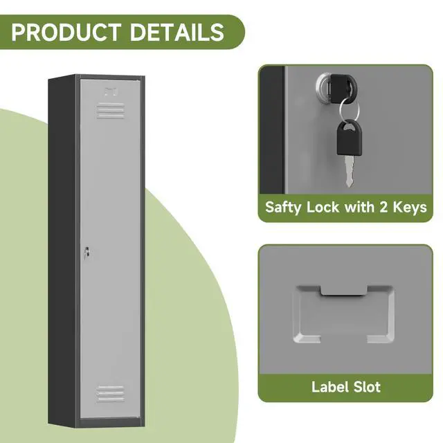 Alt view image 4 of 6 - Metal Locker with Keys, Metal Employee Lockers with Hooks | for School Office Gym Garage Home, Steel Storage Locker Cabinet, Assembly Required, Black Gray