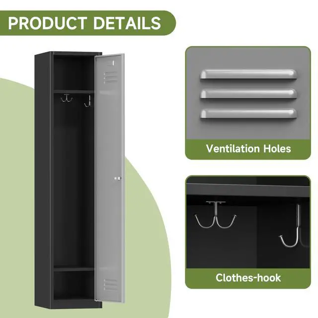 Alt view image 5 of 6 - Metal Locker with Keys, Metal Employee Lockers with Hooks | for School Office Gym Garage Home, Steel Storage Locker Cabinet, Assembly Required, Black Gray
