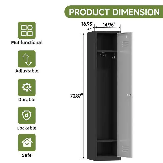 Alt view image 3 of 6 - Metal Locker with Keys, Metal Employee Lockers with Hooks | for School Office Gym Garage Home, Steel Storage Locker Cabinet, Assembly Required, Black Gray