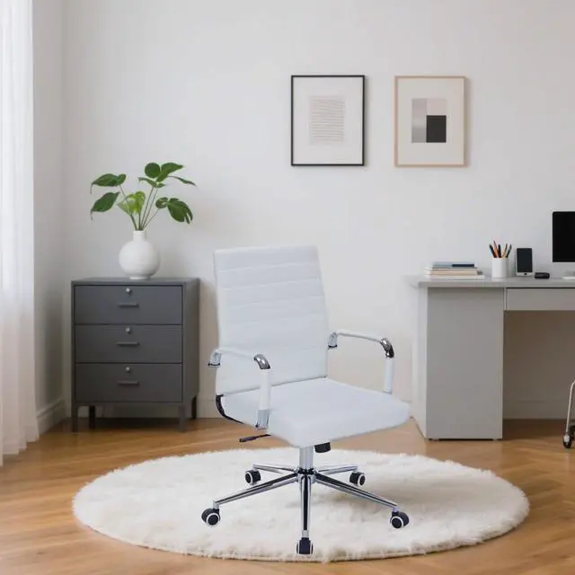 Alt view image 4 of 6 - White Leather Ribbed Office Mid-Back Desk Conference Chair with Wheels | Ergonomic Mid-Back Executive Chairs with Wheels Adjustable Swivel Computer Task Desk Chair with Arms and Thick Padded Seat