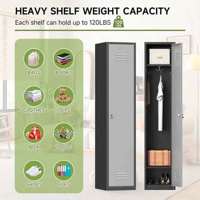 Alt view image 6 of 6 - Metal Locker with Keys, Metal Employee Lockers with Hooks | for School Office Gym Garage Home, Steel Storage Locker Cabinet, Assembly Required, Black Gray