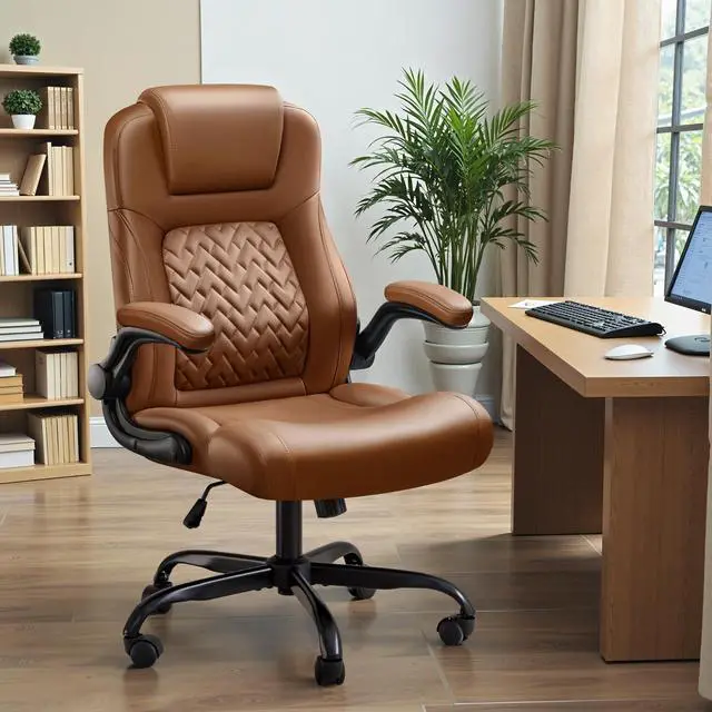 Main image of Big and Tall Office Chair 500lbs, Heavy Duty Office Chairs, Ergonomic High Back Desk Chair, Adjustable Flip Up Armrest Executive Chair Made of PU Leather, Computer Chair for Gaming Desk (brown)