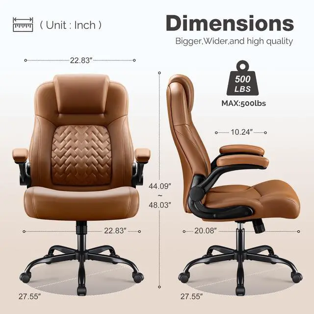 Alt view image 2 of 7 - Big and Tall Office Chair 500lbs, Heavy Duty Office Chairs, Ergonomic High Back Desk Chair, Adjustable Flip Up Armrest Executive Chair Made of PU Leather, Computer Chair for Gaming Desk (brown)