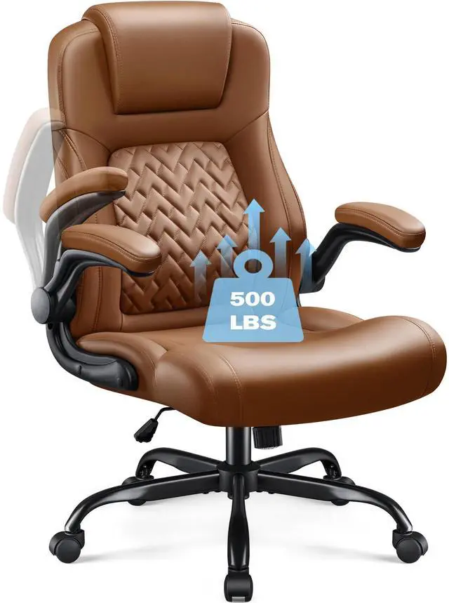Alt view image 3 of 7 - Big and Tall Office Chair 500lbs, Heavy Duty Office Chairs, Ergonomic High Back Desk Chair, Adjustable Flip Up Armrest Executive Chair Made of PU Leather, Computer Chair for Gaming Desk (brown)