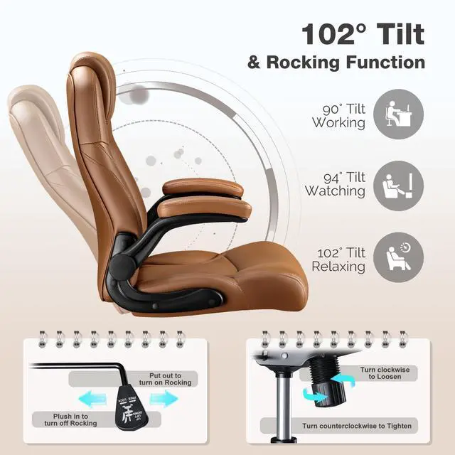 Alt view image 4 of 7 - Big and Tall Office Chair 500lbs, Heavy Duty Office Chairs, Ergonomic High Back Desk Chair, Adjustable Flip Up Armrest Executive Chair Made of PU Leather, Computer Chair for Gaming Desk (brown)