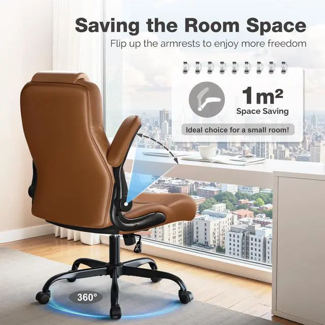 Alt view image 5 of 7 - Big and Tall Office Chair 500lbs, Heavy Duty Office Chairs, Ergonomic High Back Desk Chair, Adjustable Flip Up Armrest Executive Chair Made of PU Leather, Computer Chair for Gaming Desk (brown)
