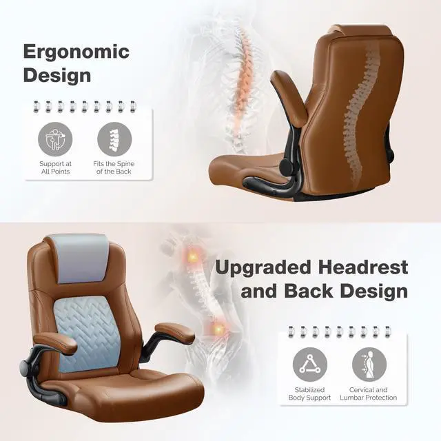 Alt view image 7 of 7 - Big and Tall Office Chair 500lbs, Heavy Duty Office Chairs, Ergonomic High Back Desk Chair, Adjustable Flip Up Armrest Executive Chair Made of PU Leather, Computer Chair for Gaming Desk (brown)