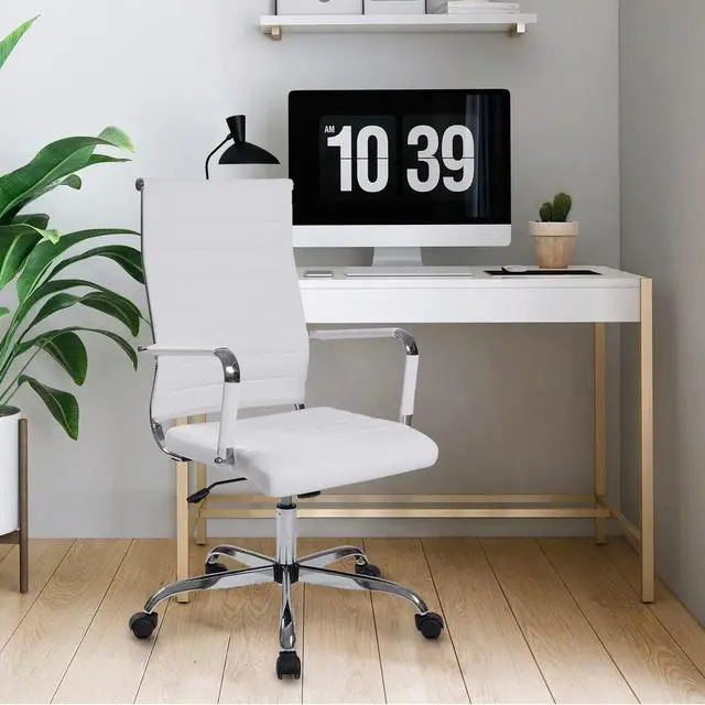 Alt view image 2 of 7 - Office Desk Chair, White Leather Comference Rolling Task Chairs