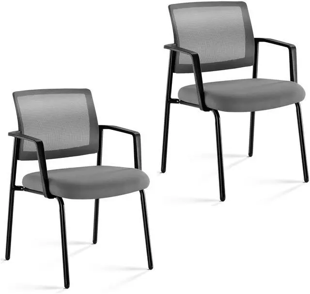 Main image of 2-Pack Armless Guest Chairs, Ergonomic Mesh Back & Padded Fabric Seat, Stackable Non-Wheeled Design for Office Waiting Rooms, Lobbies, Conferences & Home Desks, Grey