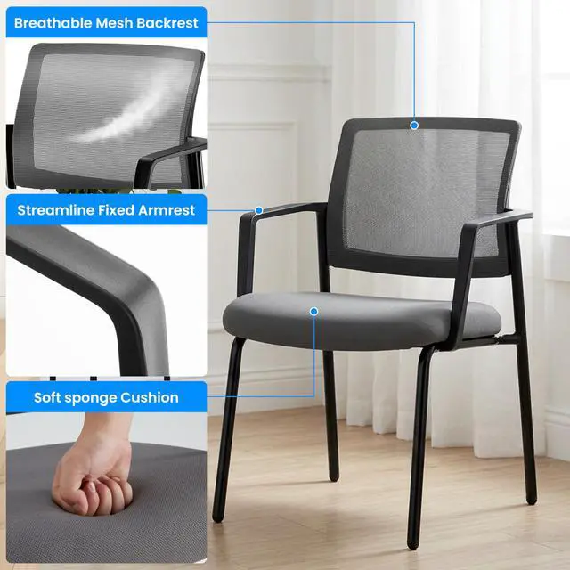 Alt view image 5 of 7 - 2-Pack Armless Guest Chairs, Ergonomic Mesh Back & Padded Fabric Seat, Stackable Non-Wheeled Design for Office Waiting Rooms, Lobbies, Conferences & Home Desks, Grey