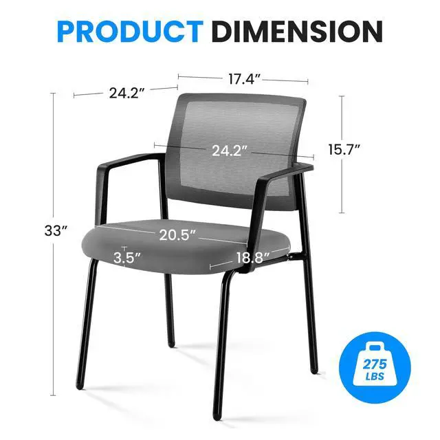 Alt view image 3 of 7 - 2-Pack Armless Guest Chairs, Ergonomic Mesh Back & Padded Fabric Seat, Stackable Non-Wheeled Design for Office Waiting Rooms, Lobbies, Conferences & Home Desks, Grey