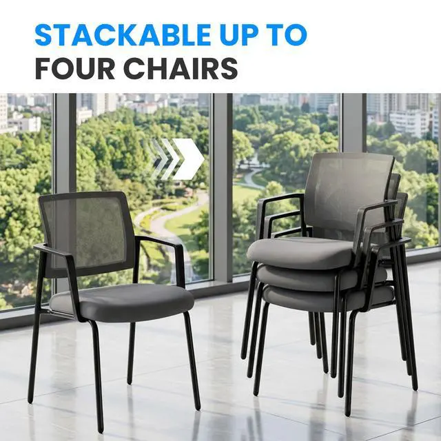 Alt view image 7 of 7 - 2-Pack Armless Guest Chairs, Ergonomic Mesh Back & Padded Fabric Seat, Stackable Non-Wheeled Design for Office Waiting Rooms, Lobbies, Conferences & Home Desks, Grey