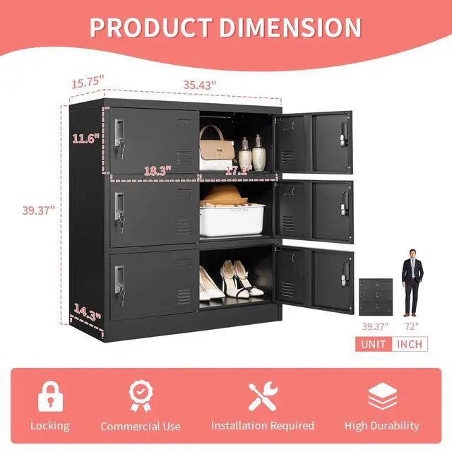 Alt view image 3 of 6 - Metal Lockers for Employees,Office Storage Locker with 6 Doors,Black | Employee Locker with Lock and Card Slot,Steel Staff Locker Storage Cabinet for Gym Home School Garage,Assembly Required