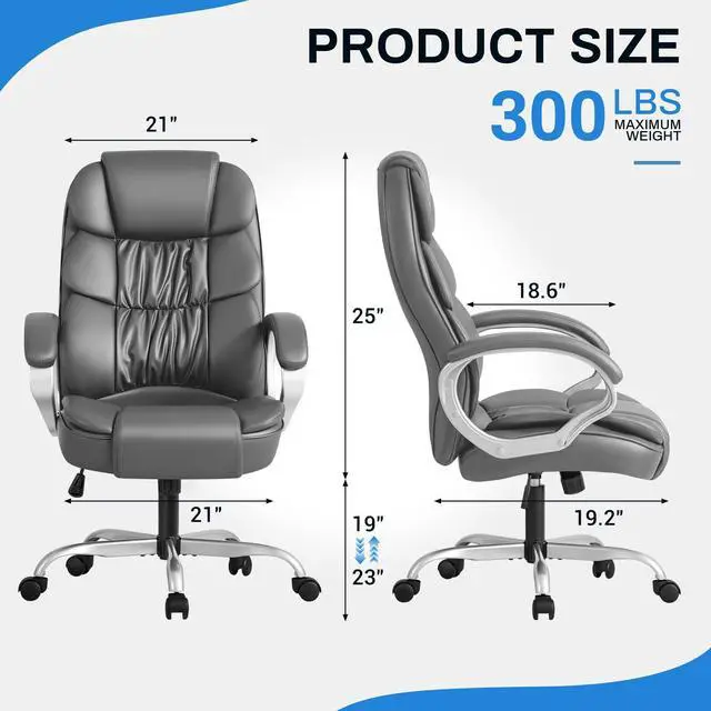 Alt view image 3 of 7 - Leather High Back Office Chair Ergonomic Executive Office Chair Swivel Computer Desk Chair Lumbar Support Soft Cushioned Padded Arms (Grey)