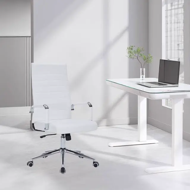 Alt view image 2 of 6 - White Desk Chair with Wheels, Leather Office Chair Back Support | Ergonomic High Back Office Chair with Arms, Executive Swivel Rolling Chair for Office, Home Workspace and Conference Room