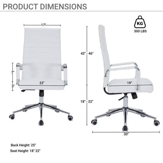 Alt view image 3 of 6 - White Desk Chair with Wheels, Leather Office Chair Back Support | Ergonomic High Back Office Chair with Arms, Executive Swivel Rolling Chair for Office, Home Workspace and Conference Room