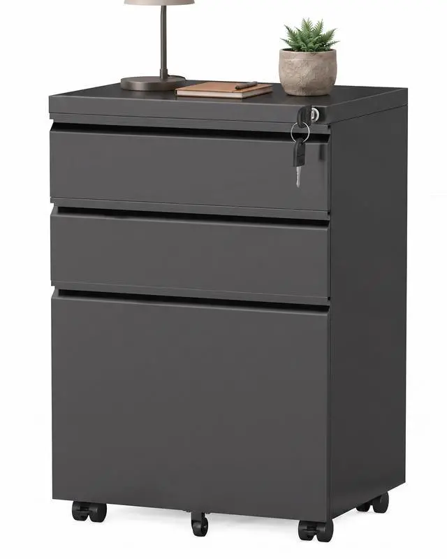 Main image of Fully Assembled 3 Drawer Mobile File Cabinet with Lock, Black | Fits Letter, Legal And A4 Files; Under Desk Metal Filing Cabinet with Wheels for Office