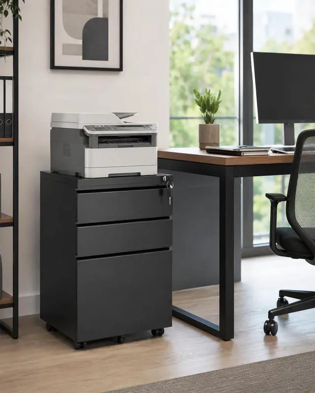 Alt view image 2 of 7 - Fully Assembled 3 Drawer Mobile File Cabinet with Lock, Black | Fits Letter, Legal And A4 Files; Under Desk Metal Filing Cabinet with Wheels for Office