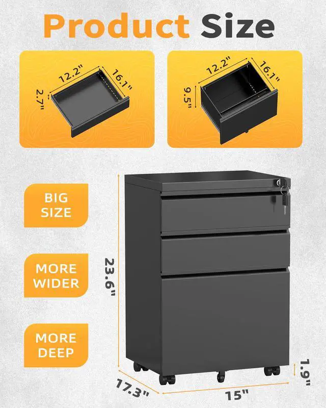 Alt view image 3 of 7 - Fully Assembled 3 Drawer Mobile File Cabinet with Lock, Black | Fits Letter, Legal And A4 Files; Under Desk Metal Filing Cabinet with Wheels for Office