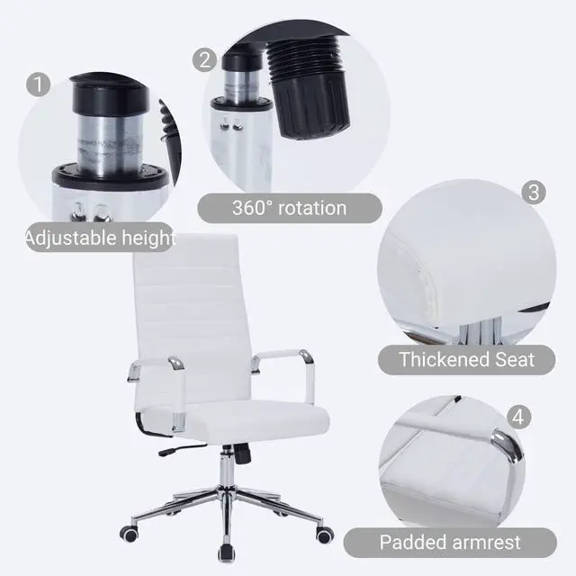 Alt view image 4 of 6 - White Desk Chair with Wheels, Leather Office Chair Back Support | Ergonomic High Back Office Chair with Arms, Executive Swivel Rolling Chair for Office, Home Workspace and Conference Room