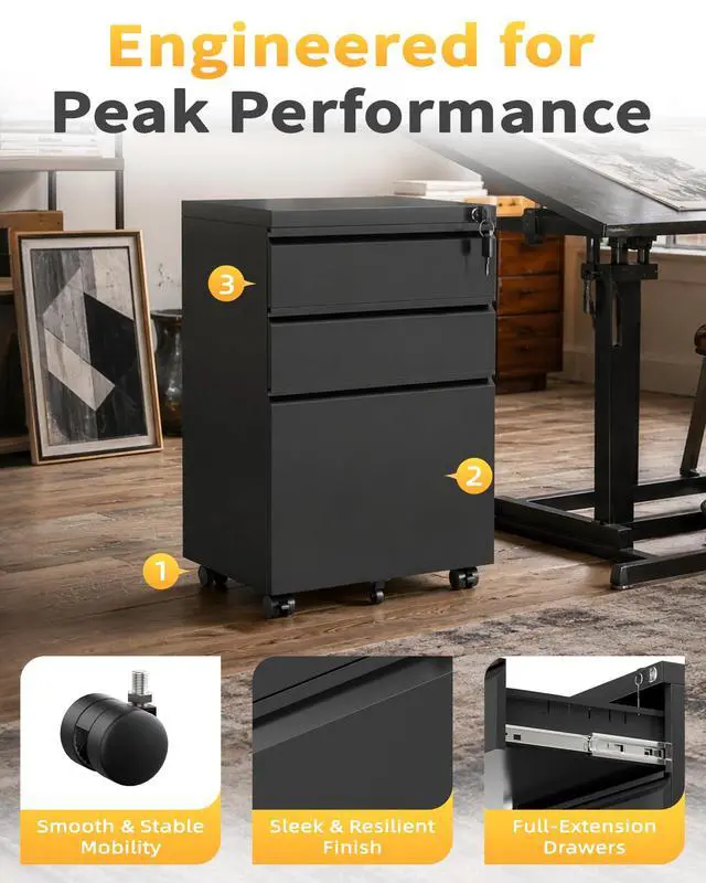 Alt view image 4 of 7 - Fully Assembled 3 Drawer Mobile File Cabinet with Lock, Black | Fits Letter, Legal And A4 Files; Under Desk Metal Filing Cabinet with Wheels for Office