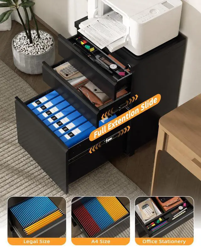 Alt view image 5 of 7 - Fully Assembled 3 Drawer Mobile File Cabinet with Lock, Black | Fits Letter, Legal And A4 Files; Under Desk Metal Filing Cabinet with Wheels for Office