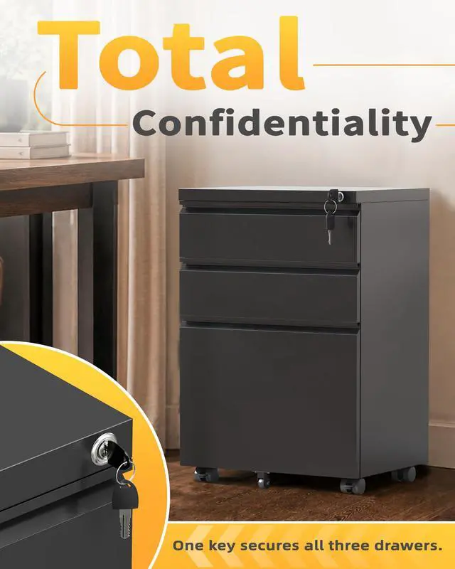 Alt view image 6 of 7 - Fully Assembled 3 Drawer Mobile File Cabinet with Lock, Black | Fits Letter, Legal And A4 Files; Under Desk Metal Filing Cabinet with Wheels for Office