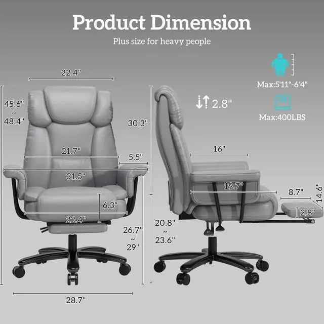 Alt view image 2 of 7 - 160 Reclining Office Chair with Footrest, Big & Tall Desk Chair, Grey | Cross Legged Seat, High Back, Faux Leather, Heavy Duty Base, Adjustable Height, for Home, Executive