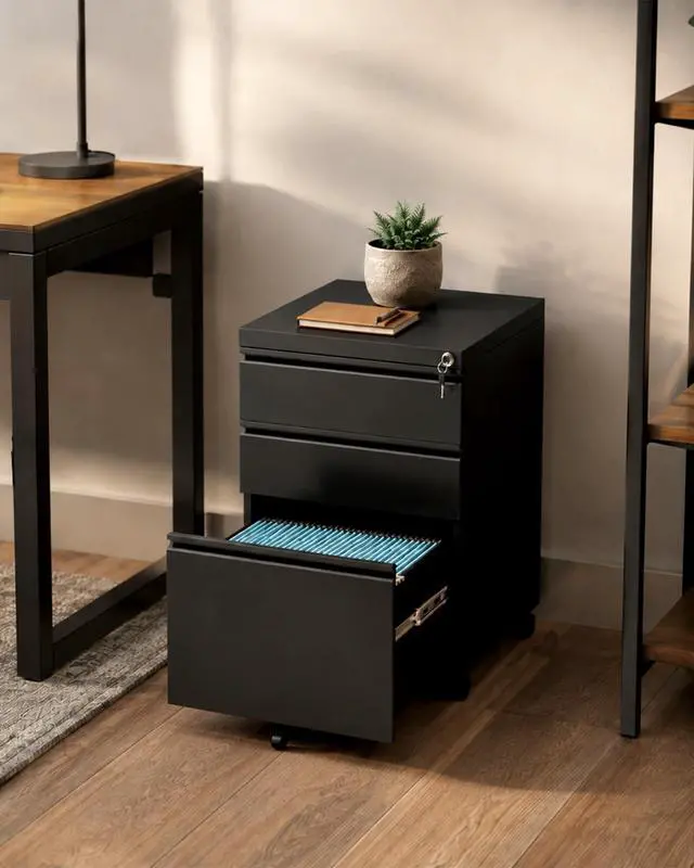 Alt view image 7 of 7 - Fully Assembled 3 Drawer Mobile File Cabinet with Lock, Black | Fits Letter, Legal And A4 Files; Under Desk Metal Filing Cabinet with Wheels for Office