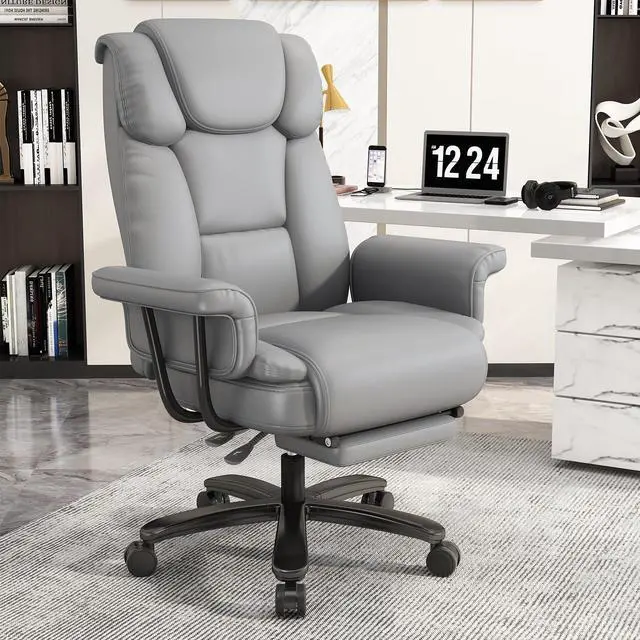 Main image of 160 Reclining Office Chair with Footrest, Big & Tall Desk Chair, Grey | Cross Legged Seat, High Back, Faux Leather, Heavy Duty Base, Adjustable Height, for Home, Executive
