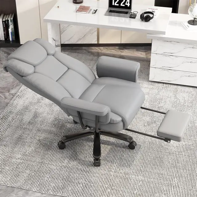 Alt view image 3 of 7 - 160 Reclining Office Chair with Footrest, Big & Tall Desk Chair, Grey | Cross Legged Seat, High Back, Faux Leather, Heavy Duty Base, Adjustable Height, for Home, Executive