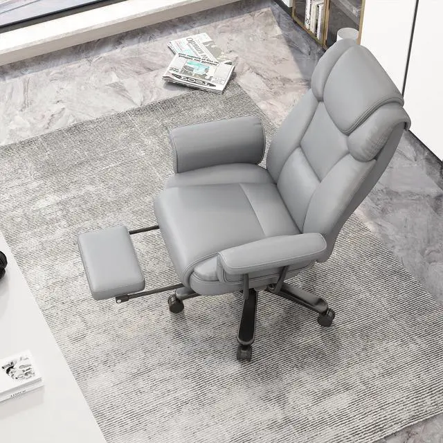 Alt view image 4 of 7 - 160 Reclining Office Chair with Footrest, Big & Tall Desk Chair, Grey | Cross Legged Seat, High Back, Faux Leather, Heavy Duty Base, Adjustable Height, for Home, Executive